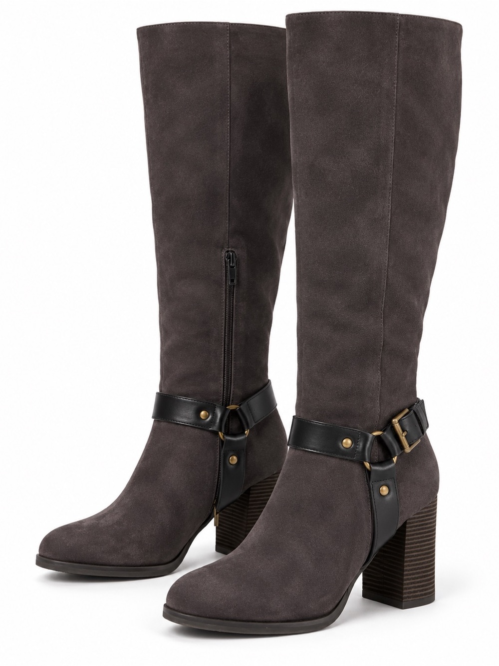 Riding Boots Gray Suede Knee-High Heeled Boots with Harness Detail
